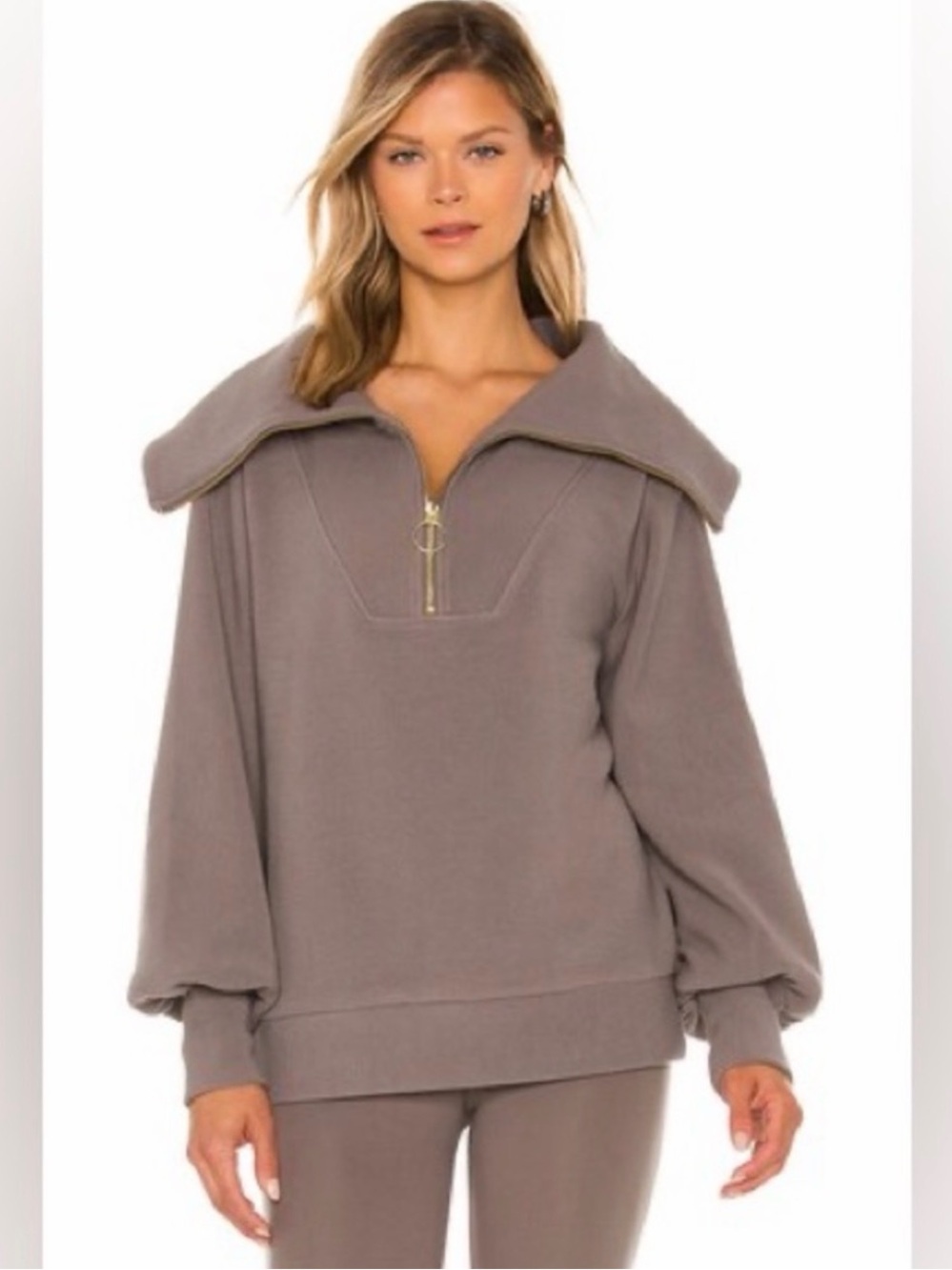 Varley Taupe Half-Zip Foldover Collar Pullover